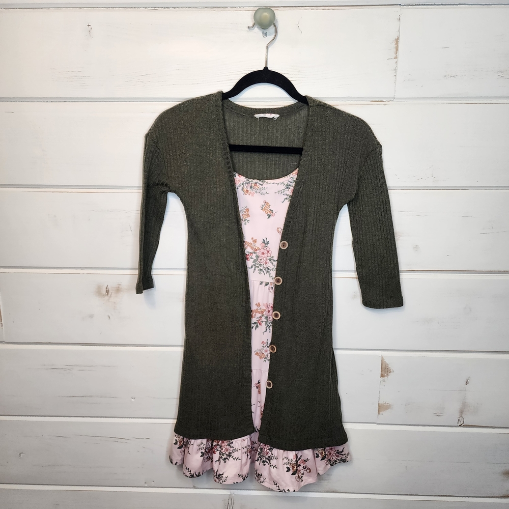 Beautees Pink and Green Casual Sundress with 3/4 Sleeves Cardigan Set 10
